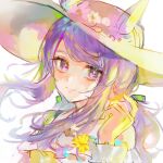  1girl animal_ears bare_shoulders blush closed_mouth dress dress_swimsuit ear_flower ear_wreath ears_through_headwear hat highres horse_ears horse_girl jewelry long_hair looking_at_viewer luhuayoushiyiy1 mejiro_mcqueen_(fair_lady_of_the_waves)_(umamusume) mejiro_mcqueen_(umamusume) necklace official_alternate_costume purple_eyes purple_hair smile solo sun_hat umamusume upper_body 