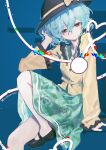  1girl black_hat black_shoes blue_background bow buttons chinese_commentary collared_shirt commentary_request diamond_button disembodied_linked_eye eyeball floral_print frilled_shirt_collar frilled_sleeves frills glitch green_eyes green_hair green_skirt hair_between_eyes hat hat_bow heart heart_of_string highres komeiji_koishi long_sleeves looking_at_viewer print_skirt rose_print shijiu_(shizuoxing) shirt shoes sitting skirt solo touhou wide_sleeves yellow_bow yellow_shirt 