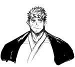  1boy bara broad_shoulders commentary_request cropped_torso facial_hair go_nzou3 goatee_stubble greyscale haori highres japanese_clothes jitome kimono light_smile looking_to_the_side male_focus mature_male monochrome muscular muscular_male original sanpaku scar scar_on_cheek scar_on_face short_hair solo stubble thick_eyebrows 
