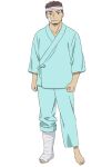  1boy bandaged_head bandages blue_pants brown_hair cast closed_mouth collarbone facial_hair full_body goatee highres hospital_gown kono_hon_wo_nusumu_mono_wa kurosawa_keiko leg_cast looking_at_viewer male_focus mikura_ayumu official_art pants short_hair simple_background single_bare_foot smile solo tachi-e toes transparent_background very_short_hair 