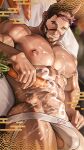  1boy 2026 abs animal_ears bara beard blush bridle brown_hair bulge carrot chinese_zodiac commentary_request facial_hair fake_animal_ears food highres holding holding_food horse_ears horse_tail jockstrap large_pectorals lying male_focus male_underwear muscular muscular_male nipples oji-mama_(skskdan) on_back on_bed one_eye_closed pectorals penis penis_peek second-party_source short_hair sisimaru_hoshiura solo suggestive_fluid sweat tail thick_eyebrows topless_male underwear veins veiny_arms wasp_(anthyutena) white_male_underwear year_of_the_horse 