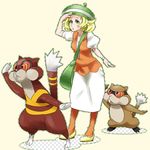  bag bel_(pokemon) blonde_hair bracelet gen_5_pokemon green_eyes handbag hat jewelry outstretched_arm pantyhose patrat pokemon pokemon_(creature) pokemon_(game) pokemon_bw short_hair skirt uno_ichi watchog white_skirt 