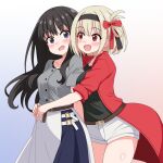  2girls :d belt black_hair black_ribbon blonde_hair blue_dress blush bow breasts commentary_request dress gradient_background hair_bow hair_ribbon hairband highres hug inoue_takina long_hair long_sleeves looking_at_another looking_at_viewer lycoris_recoil lycoris_uniform medium_breasts multiple_girls nishikigi_chisato open_mouth purple_eyes red_bow red_dress red_eyes red_ribbon ribbon sakuzo shirt short_hair short_sleeves shorts simple_background smile standing white_shorts yuri 