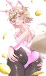  1girl absurdres animal_ear_fluff animal_ears ass ass_focus bandaid bandaid_hair_ornament black_pantyhose blonde_hair blush commentary detached_collar dog_ears dog_girl dog_tail english_commentary fake_animal_ears falling_money fangs from_behind grabbing_own_ass hair_between_eyes hair_intakes hair_ornament highres hololive hololive_english looking_at_viewer looking_back mococo_abyssgard multicolored_hair open_mouth pantyhose paw-shaped_pupils pink_nails pink_streaks playboy_bunny rabbit_ears simple_background skin_fangs solo streaked_hair symbol-shaped_pupils tail virtual_youtuber white_background wrist_cuffs x_hair_ornament yuyuiaz2 