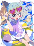  1girl adjusting_eyewear alternate_costume black_shorts blush_stickers brown_hat commentary_request cup disembodied_linked_eye drinking_glass drinking_straw eyeball floral_print food green_eyes green_hair hand_on_eyewear hat heart heart-shaped_eyewear heart_of_string highres holding holding_cup ice_cream ice_cream_float komeiji_koishi looking_at_viewer ocean open_mouth pink-tinted_eyewear print_shirt purple_shirt rose_print shirt short_sleeves shorts sitting smile soesoe300 solo straw_hat sunglasses swim_ring tinted_eyewear touhou white_shirt yellow-framed_eyewear 