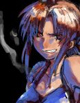  1girl bad_drawr_id bad_id bare_shoulders black_background black_lagoon black_tank_top brown_eyes brown_hair grin long_hair looking_at_viewer oekaki ponytail portrait revy_(black_lagoon) shoulder_tattoo sidelocks smile smoke solo tank_top tattoo yoyoyotto 