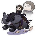  1boy armor black_robe brown_hair chibi closed_eyes commentary_request earrings elephant fabio_(fire_emblem) fire_emblem fire_emblem:_fortune's_weave highres jewelry mochi2machi pale_skin riding riding_animal robe tusks 