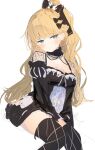  1girl arm_tattoo black_choker black_dress black_thighhighs blonde_hair blue_eyes bow braid breasts choker closed_mouth cowboy_shot cross cross_earrings dress earrings fishnet_sleeves fishnets frilled_choker frilled_dress frills hair_bow jewelry katata long_hair long_sleeves looking_at_viewer mahou_shoujo_no_majo_saiban mole mole_under_eye saeki_miria simple_background sitting solo tattoo thighhighs white_background 