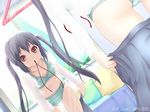  art_jam ass black_hair bra brown_eyes dressing dutch_angle k-on! lingerie long_hair mirror mouth_hold nakano_azusa navel panties reflection ribbon ribbon_in_mouth skirt solo striped striped_bra striped_panties twintails underwear undressing 