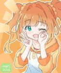  1girl anniversary blunt_bangs blush collarbone commentary_request copyright_name finger_counting green_eyes hair_intakes hair_ornament hair_scrunchie highres hood hood_down hoodie idolmaster idolmaster_(classic) long_hair long_sleeves looking_at_viewer nuzuminn one-hour_drawing_challenge one_eye_closed open_mouth orange_background orange_hair orange_hoodie outline scrunchie sidelocks simple_background solo takatsuki_yayoi twintails two-tone_hoodie upper_body white_hoodie white_outline 