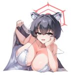  1girl absurdres animal_ears babydoll bare_shoulders bed_invitation beetleasd black_eyes black_hair blanket blue_archive breasts cleavage collarbone commentary_request hair_between_eyes halo hand_on_own_cheek hand_on_own_face highres holding holding_blanket huge_breasts lifting_covers looking_at_viewer lying negligee on_side open_mouth raccoon_ears red_halo short_hair simple_background solo strap_slip tsubaki_(blue_archive) white_babydoll white_background white_negligee 
