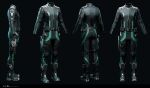  3d absurdres aqua_trim belt black_bodysuit blender_(medium) bodysuit boots clothes_focus commentary company_logo copyright_logo copyright_name dark_background dated english_commentary eve_online from_behind from_side full_body gallente_federation_(eve_online) grey_background grey_belt gun handgun highres holster holstered honeycomb_(pattern) honeycomb_print logo long_sleeves marmoset_toolbag_(medium) maya_(medium) multiple_views no_humans official_art photorealistic realistic science_fiction thigh_holster undoz weapon zbrush_(medium) 