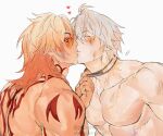  2boys absurdres black_choker blonde_hair blush choker closed_mouth collarbone commentary english_commentary french_kiss gothcowboyz grey_hair heart highres honkai:_star_rail honkai_(series) kiss long_hair male_focus multicolored_hair multiple_boys mydei_(honkai:_star_rail) no_nipples orange_hair pectorals phainon_(honkai:_star_rail) short_hair simple_background twitter_username two-tone_hair upper_body white_background yaoi 