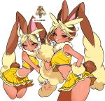  absurdres animal_ears blonde_hair brown_eyes brown_hair cheerleader colored_bangs dark-skinned_female dark_skin dixretsa fur_collar fur_cuffs highres humanization leaning_forward lopunny miniskirt pokemon pom_pom_(cheerleading) rabbit_ears rabbit_tail signature skirt smile tail tank_top very_long_ears yellow_skirt yellow_tank_top 