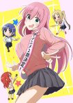  >_o 4girls absurdres ass_peek black_skirt blonde_hair blue_eyes blue_hair blush bocchi_the_rock! bow bowtie breasts chibi commentary cowboy_shot gotoh_hitori green_eyes hair_between_eyes heart highres holding holding_microphone ijichi_nijika jacket kita_ikuyo large_breasts long_hair looking_at_another looking_at_viewer microphone multiple_girls no_hair_ornament one_eye_closed open_mouth pink_hair pink_jacket pink_track_suit pleated_skirt polka_dot polka_dot_bow red_bow red_bowtie red_eyes red_hair red_shoes sash school_uniform shimokitazawa_high_school_uniform shoes shuka_high_school_uniform sim_evo simple_background skirt smile star_(symbol) sweat sweatdrop tongue tongue_out track_suit v yamada_ryo yellow_eyes 