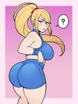  1girl ? ass ass_focus blonde_hair blue_eyes blue_shorts blue_sports_bra breasts closed_mouth commentary english_commentary from_behind gym_shorts hair_between_eyes highres jam-orbital large_breasts lips long_hair looking_at_viewer metroid ponytail samus_aran shorts solo speech_bubble spoken_question_mark sports_bra 