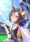  1girl air_groove_(empress_road)_(umamusume) air_groove_(umamusume) animal_ears blue_eyes blue_sky blush bow breasts brown_hair cape cloud commentary_request ear_bow ear_chain hair_between_eyes highres horse_ears horse_girl linked_piercing looking_at_viewer open_mouth piercing shirt short_hair side_cape sky smile solo suzuneiroekaki teeth umamusume white_cape yellow_bow 