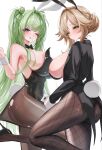  2girls ade_(agent_bunny)_(nikke) ade_(nikke) animal_ear_hairband animal_ears antenna_hair ass bare_shoulders black_bow black_bowtie black_jacket black_leotard black_pantyhose blonde_hair blush bow bowtie braid braided_base breasts bun_with_braided_base closed_mouth commentary_request detached_collar fake_animal_ears fake_tail fishnet_pantyhose fishnets gloves goddess_of_victory:_nikke green_eyes green_hair hair_bun hairband heart_antenna_hair highres jacket large_breasts leotard long_hair looking_at_viewer multiple_girls official_alternate_costume one_eye_closed pantyhose playboy_bunny purple_eyes rabbit_ear_hairband rabbit_ears shupita sideboob simple_background smile soda_(nikke) soda_(twinkling_bunny)_(nikke) tail tongue tongue_out torn_clothes torn_pantyhose very_long_hair white_background white_gloves wrist_cuffs 