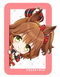  1girl airi_(akamichiaika) animal_ears aston_machan_(flare)_(umamusume) aston_machan_(umamusume) black_bow black_bowtie blush bow bowtie breasts brown_hair chibi closed_mouth commentary_request crown green_eyes hair_ornament highres horse_ears horse_girl index_finger_raised jacket large_breasts long_sleeves looking_at_viewer mini_crown red_sash red_scrunchie red_sleeves sash scrunchie shirt shoulder_sash skirt smile solo tilted_headwear umamusume white_jacket white_shirt 