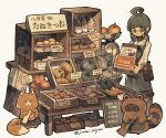 1girl :o ahoge ahoge_girl_(jimini_shijimi) animal_request apple apron artist_name balance_scale blunt_bangs boots box cardboard_box carrot collared_shirt commentary_request food fruit glass_bottle highres holding holding_box instagram_username jimini_shijimi long_sleeves low_twintails onion original pants potato price_tag pumpkin salad shirt shop short_twintails sidelocks skeb_username solo squash sweeping sweet_potato tanuki translation_request twintails twitter_username weighing_scale 