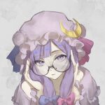  1girl blunt_bangs bow crescent crescent_hat_ornament cropped_shoulders hair_bow hat hat_ornament long_hair long_sleeves looking_at_viewer mob_cap patchouli_knowledge pink_bow purple_bow purple_eyes purple_hair purple_hat round_eyewear rumindo solo straight-on touhou 