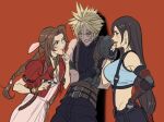  1boy 2girls aerith_gainsborough armor bangle bare_shoulders belt black_bra black_gloves black_pants black_shirt black_skirt blonde_hair bra bracelet braid braided_ponytail breasts brown_belt brown_hair choker cloud_strife crop_top crossed_arms drawing_on_another's_face dress elbow_gloves final_fantasy final_fantasy_vii final_fantasy_vii_remake finger_to_mouth flower_choker furrowed_brow gloves hair_ribbon hand_to_own_mouth highres holding holding_pen jacket jewelry large_breasts long_hair looking_at_another low-tied_long_hair midriff multiple_belts multiple_girls one_eye_closed pants parted_bangs parted_lips pauldrons pen pink_dress pink_ribbon red_background red_jacket ribbed_shirt ribbon shirt short_hair shoulder_armor shy_(ribboneels) sidelocks single_bare_shoulder single_braid single_pauldron skirt sleeveless sleeveless_shirt spiked_hair sports_bra suspenders tifa_lockhart underwear white_shirt 