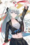  1girl absurdres archer_(fate) arm_up artoria_pendragon_(fate) baobhan_sith_(fate) barghest_(fate) black_bow black_sailor_collar black_shirt black_skirt blue_eyes bow braid character_request commentary fate/grand_order fate/stay_night fate_(series) grey_hair grey_nails grid_background hair_bow highres long_hair long_sleeves midriff morgan_le_fay_(fate) mosta_(lo1777789) nail_polish navel saber_(fate) sailor_collar shirt skirt solo very_long_hair 