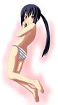 absurdres akanbe ass back bad_id bad_pixiv_id barefoot black_hair blush brown_eyes feet flat_ass highres k-on! legs long_hair mikepon_(ota_office) nakano_azusa panties solo striped striped_panties tongue tongue_out topless twintails underwear underwear_only 