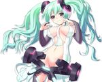  aqua_hair belt blue_eyes breasts bridal_gauntlets elbow_gloves fingerless_gloves gloves gradient_hair groin hatsune_miku hatsune_miku_(append) hellnia long_hair medium_breasts multicolored_hair navel necktie smile solo twintails vocaloid vocaloid_append 