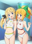  2girls :d absurdres android black_ribbon blonde_hair blue_eyes blush blush_stickers breasts buruma commentary_request commission cowboy_shot crossover extreme_hearts from_side frutiger_aero green_ribbon hair_ribbon hand_on_another's_shoulder happy highres indoors laboratory long_hair looking_at_another mega_man_(classic) mega_man_(series) multiple_girls navel nono_(extreme_hearts) noyama_takenoko open_mouth pixiv_commission ponytail ribbon roll_(mega_man) small_breasts smile sports_bra stomach teeth upper_teeth_only variant_set white_buruma white_sports_bra 