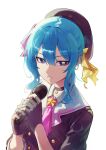  1girl absurdres ascot beret black_gloves choker commentary dress gloves grey_hat hair_ribbon hat highres holding holding_microphone hololive hoshimachi_suisei hoshimachi_suisei_(1st_costume) microphone partially_fingerless_gloves pink_ascot pink_ribbon plaid_clothes plaid_dress ribbon rukisan_hd side_ponytail simple_background solo star_(symbol) star_choker star_in_eye symbol_in_eye template_(hololive) virtual_youtuber white_background 