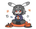  +++ 1girl :d animal animal_ears black_shoes blue_skirt blush carrot character_name chibi commentary_request crab food fuka-chan full_body grey_hair grey_pantyhose highres holding holding_food hood hood_down hoodie kemonomimi_mode long_sleeves multicolored_hair original pantyhose puffy_long_sleeves puffy_sleeves purple_hoodie rabbit_ears rabbit_girl rabbit_tail red_eyes shoes short_eyebrows simple_background sitting skirt smile solo tail teeth thick_eyebrows two-tone_hair uni_souchou upper_teeth_only white_background 