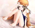  bakemonogatari barefoot bed brown_eyes brown_hair jacket_on_shoulders legs long_legs monogatari_(series) off_shoulder one-piece_swimsuit school_swimsuit sengoku_nadeko solo sweat swimsuit thermometer tonoimo 