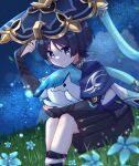  1boy animal_print aranara_(genshin_impact) ararycan_(genshin_impact) armor belt bird_print black_belt black_bodysuit black_bridal_gauntlets black_shorts blue_cape blue_flower blue_hat blue_jingasa blue_rope blue_sash blue_sleeves blunt_ends bodysuit bridal_gauntlets bright_pupils cape choppy_bangs closed_mouth creature expressionless eyeliner fingernails fireflies flower furisode genshin_impact gold gold_ring grass hakama hakama_shorts hand_up hat highres holding holding_creature japanese_armor japanese_clothes jingasa kimono kote kurokote layered_sleeves looking_at_creature makeup makoto_774 male_focus mandarin_collar middle_ring night outdoors pleated_shorts purple_eyes red_eyeliner rope sash scaramouche_(genshin_impact) short_sleeves shorts side_cape sitting sky star_(sky) starry_sky wanderer_(genshin_impact) white_kimono white_pupils white_sleeves white_trim 