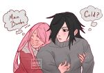  1boy 1girl alternate_hair_length_(longer) alternate_hairstyle artist_name assertive_female blush boruto:_naruto_next_generations boruto_(series) commentary english_commentary english_text facial_mark forehead_mark fur-trimmed_jacket fur_trim grabbing_from_behind grey_sweater hair_over_one_eye haruno_sakura hetero highres husband_and_wife ireleglitter jacket long_hair looking_back low-tied_long_hair naruto_(series) pectoral_grab pectorals red_jacket speech_bubble sweater thought_bubble turtleneck turtleneck_sweater uchiha_sasuke watermark 