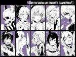  6+girls ahoge alessa_gillespie axis_powers_hetalia bakumatsu_rouman bandaid bandaid_on_face belarus_(hetalia) blood blood_on_face bow brooch clenched_hand collared_shirt colored_bangs commentary daniella_(demento) demento dorohedoro dress drill_hair ebisu_(dorohedoro) effie_(street_fighter) english_commentary grabbing_own_hair greyscale_with_colored_background grid_teeth holding_own_hair horns ichijou_akari jewelry knife komeiji_satori licking licking_blade licking_weapon looking_at_viewer mismatched_sclera multiple_girls necktie one_piece open_mouth parted_lips patricia_thompson polka_dot polka_dot_bow purple_background ran_to_haiiro_no_sekai rem_(tsulala) scarf shirt silent_hill_(series) silent_hill_3 skull_head smile stitched_face stitches street_fighter street_fighter_iii_(series) striped_clothes striped_scarf touhou uruma_ran victoria_cindry weapon 