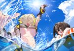  2girls abarabonebokio blonde_hair breasts brown_hair cloud commentary_request electric_shock_(nikke) elegg_(boom_and_shock)_(nikke) elegg_(nikke) game_controller_print gloves goddess_of_victory:_nikke hair_between_eyes highres large_breasts long_bangs multiple_girls official_alternate_costume open_mouth outdoors partially_submerged see-through_clothes see-through_slingshot_swimsuit short_hair sky slingshot_swimsuit smile sun swim_ring swimsuit trony_(nikke) two-tone_slingshot_swimsuit underboob water yellow_slingshot_swimsuit 