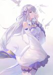  1girl absurdres bare_shoulders bird blacky1266859 boots braid breasts chinese_commentary cleavage_cutout clothing_cutout commentary_request cowboy_shot crown_braid elf emilia_(re:zero) floating_hair flower from_side gem green_gem grey_hair hair_flower hair_ornament hand_up highres lipgloss long_hair looking_at_viewer medium_breasts playing_with_own_hair pointy_ears purple_eyes purple_ribbon re:zero_kara_hajimeru_isekai_seikatsu ribbon shoulder_cutout solo tailcoat thigh_boots white_bird white_boots white_flower wide_sleeves 