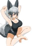  1girl animal_ears armpits arms_up black_hair blush breasts cleavage closed_eyes commentary_request cross-body_stretch exercising extra_ears fox_ears fox_tail grey_hair hair_between_eyes hatch_(hatch_box) highres kemono_friends kemono_friends_3 large_breasts leotard long_hair silver_fox_(kemono_friends) simple_background smile solo spread_legs stretching tail wide_spread_legs 