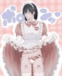  1boy apron bar_censor black_hair blush bow bowtie censored chainsaw_man clothes_lift commentary_request crossdressing crossdressing_(mtf) dress dress_lift earrings erection frilled_apron frilled_dress frills hair_undone hayakawa_aki highres jewelry legwear_garter maid maid_apron maid_headdress male_focus male_maid male_pubic_hair medium_hair miso_concon panties penis pink_background pink_dress pubic_hair simple_background solo straight-on testicles thighhighs thong thong_panties underwear white_apron white_thighhighs 