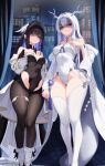  2girls 4ddd absurdres azur_lane bare_shoulders black_hair black_leotard black_pantyhose breasts building city cleavage closed_mouth collarbone colored_inner_hair commission covered_navel curtains diamond_(shape) disgust dragon_girl dragon_horns dragon_tail frown gem glaring groin hair_intakes hair_ornament hand_on_own_chest hand_up highleg highleg_leotard highres holding_hands horns indoors jacket japanese_clothes jewelry kimono kizu_(azur_lane) legs leotard long_hair looking_at_viewer medium_breasts multicolored_hair multiple_girls off_shoulder orage_(azur_lane) pantyhose pixiv_commission purple_eyes purple_gem purple_hair purple_horns shaded_face sidelocks standing tail tassel thighhighs thighlet thighs very_long_hair white_hair white_jacket white_kimono white_leotard white_thighhighs window 