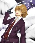  1boy :d ;d angel_wings brown_hair collared_shirt commentary_request cowboy_shot dark_matter_(kakine_teitoku) feathered_wings gloves grey_eyes hair_between_eyes hand_up jacket kakine_teitoku long_sleeves male_focus medium_hair monochrome multiple_wings one_eye_closed open_clothes open_jacket open_mouth open_shirt pants purple_background purple_jacket purple_pants purple_suit red_sweater shin_(highest1192) shirt smile solo suit sweater teeth toaru_majutsu_no_index toaru_majutsu_no_index:_old_testament tongue tweezers v-neck white_wings wings 