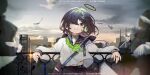  1girl :d absurdres bag bird black_sailor_collar blue_eyes brown_hair brown_skirt building chinese_commentary cloud cloudy_sky commentary_request cowboy_shot dated dot_nose dove eyelashes floating_clothes floating_hair gradient_hair green_neckerchief grin halo headphones highres jewelry light_blush long_sleeves moriyama_meiko multicolored_hair multicolored_halo neckerchief outdoors pleated_skirt ring sailor_collar school_uniform shirt short_hair skirt sky smile solo student_self-governance_committee sunset tears two-tone_halo ui_(moriyama_meiko) white_bird white_shirt wind 