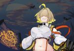  1girl abarabonebokio ahoge breasts commentary_request crop_top cropped_sweater elegg_(nikke) fake_sky fang gloves goddess_of_victory:_nikke hair_intakes hair_over_eyes highres large_breasts long_bangs midriff navel short_hair skin_fang solo suspenders sweater two-sided_gloves white_sweater wide_hips wide_sleeves 