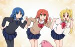  >_< 3girls :> :d ahoge blonde_hair blue_hair bocchi_the_rock! commentary_request dancing gotoh_hitori gotoh_hitori_(octopus) green_eyes hyadain_no_joujou_yuujou ijichi_nijika kita_ikuyo long_hair medium_hair mole mole_under_eye multiple_girls nichijou pantyhose parody red_hair side_ponytail smile suwaneko yamada_ryo yellow_eyes 