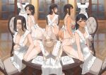  6+girls apron ass black_hair blonde_hair breasts brown_hair chair closed_mouth collarbone commentary dark-skinned_female dark_skin edea_(throtem) english_commentary garter_straps glasses head_out_of_frame highres indoors kana_(throtem) kei_(throtem) large_breasts long_hair looking_at_viewer maid maid_apron martha_(throtem) mirna_(throtem) multiple_girls nearly_naked_apron nora_(throtem) on_table original panties panties_under_pantyhose pantyhose pink_hair plate rosemary_(throtem) seiza sitting smile table thighhighs thong thong_panties throtem torako_(throtem) underwear white_garter_straps white_panties white_pantyhose white_thighhighs window 