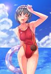  bad_id bad_pixiv_id breasts competition_swimsuit covered_nipples e20 green_hair innertube one-piece_swimsuit one_eye_closed quiz_magic_academy riel short_hair small_breasts solo swimsuit 