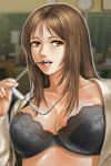  bra breasts brown_eyes brown_hair cleavage glasses highres k-on! large_breasts lingerie lips mouth_hold shirt solo toten_(der_fuhrer) underwear yamanaka_sawako 