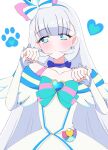 1girl absurdres animal_ear_hairband animal_ears aqua_bow arm_warmers bare_shoulders blue_choker blue_eyes blunt_bangs blush bow bow_choker bow_hairband brooch cat_ear_hairband cat_ears chest_bow choker clenched_hands closed_mouth collarbone commentary crown crown_earrings cure_nyammy dot_mouth dot_nose dress earrings expressionless fake_animal_ears frilled_arm_warmers frilled_dress frills hairband hands_up heart heart_background heart_brooch heart_in_eye highres jewelry long_hair looking_at_viewer magical_girl mini_crown multicolored_bow nekoyashiki_yuki off-shoulder_dress off_shoulder pact_holder paw_pose paw_print paw_print_background pouch precure simple_background solo straight_hair striped_bow symbol_in_eye tilted_headwear upper_body user_adck2555 very_long_hair white_arm_warmers white_background white_dress white_hair wonderful_precure! 