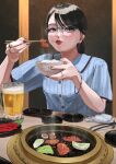  1girl absurdres alcohol beer beer_mug black_hair black_nails blue_eyes blue_shirt bowl bracelet buttons chopsticks collared_shirt commentary_request cooking cup earrings eyelashes fingernails food glasses grilling highres holding holding_bowl holding_chopsticks indoors jewelry long_hair looking_at_viewer meat mug multiple_rings nail_polish original parted_lips plate ponytail pov_across_table red_lips rice_bowl ring shirt shisei_121 short_sleeves slice_of_life solo steam steaming_food yakiniku 